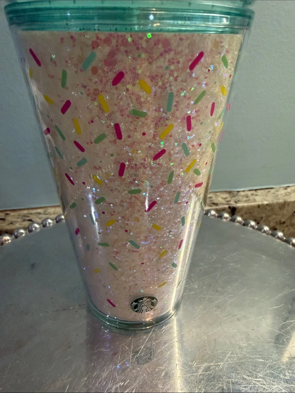 Starbucks Sparkle Confetti Tumbler with Teal Lid and Yellow Candle Straw